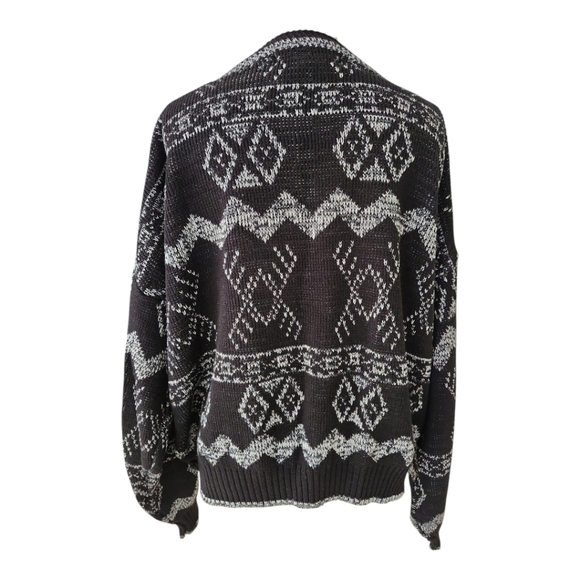 Vintage Chartwell Cardigan Sweater 2X Black Gray Geometric Knit Leather Patches - Picture 2 of 7